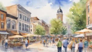 Watercolor painting of bustling outdoor market in historic town.