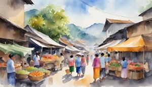 Watercolor painting of bustling traditional outdoor market.