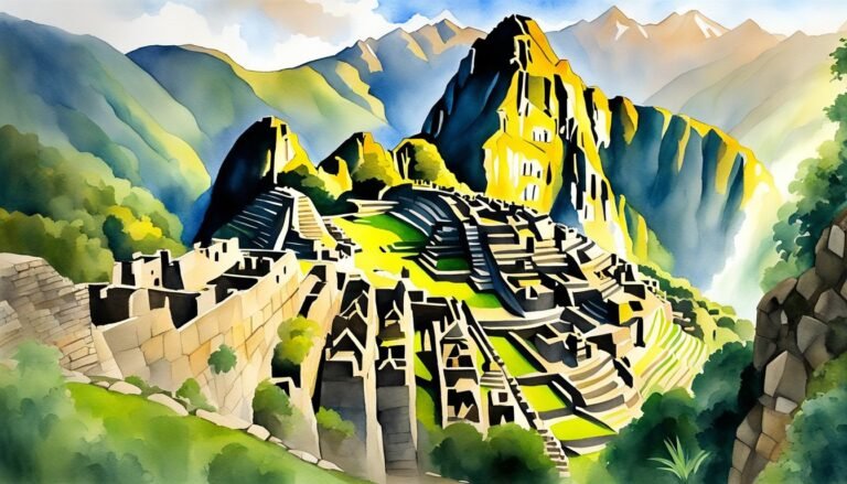 Watercolor painting of Machu Picchu in vibrant colors.