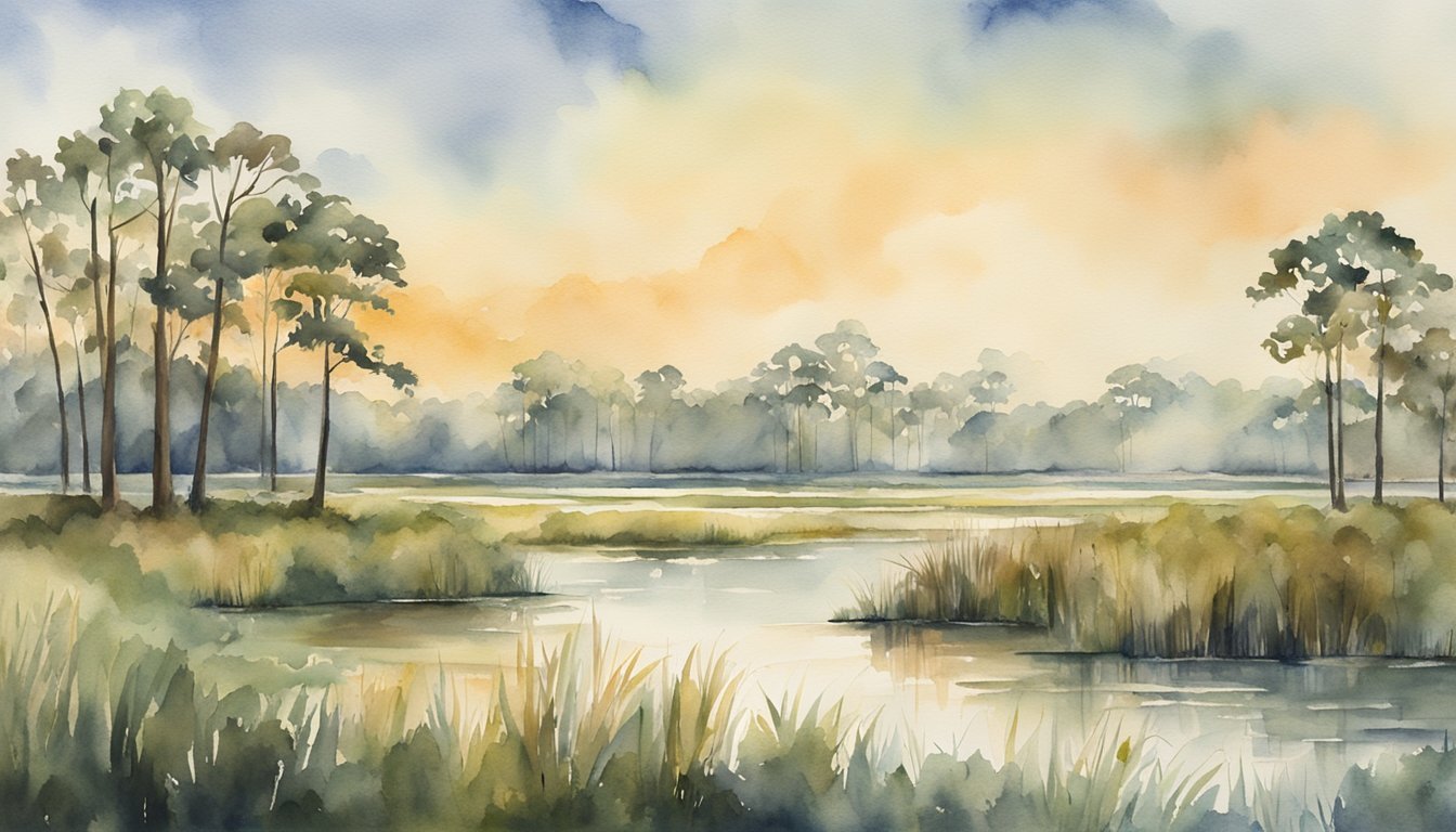 Watercolor painting of serene forest and tranquil lake at sunset.