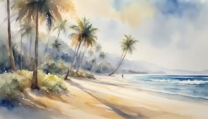 Watercolor painting of tropical beach with palm trees.