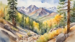 Watercolor of mountainous landscape with trees and autumn colors.