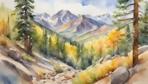 Watercolor of mountainous landscape with trees and autumn colors.