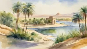 Watercolor of tropical riverside with palms and distant fortress.