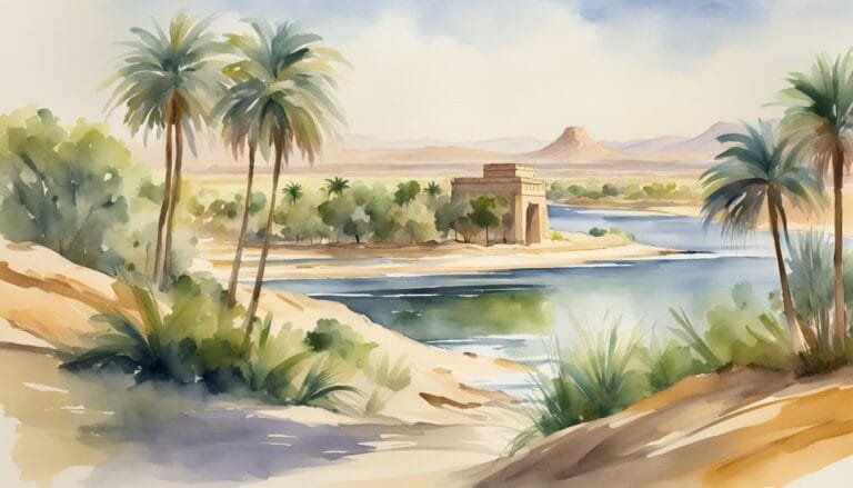 Watercolor of tropical riverside with palms and distant fortress.