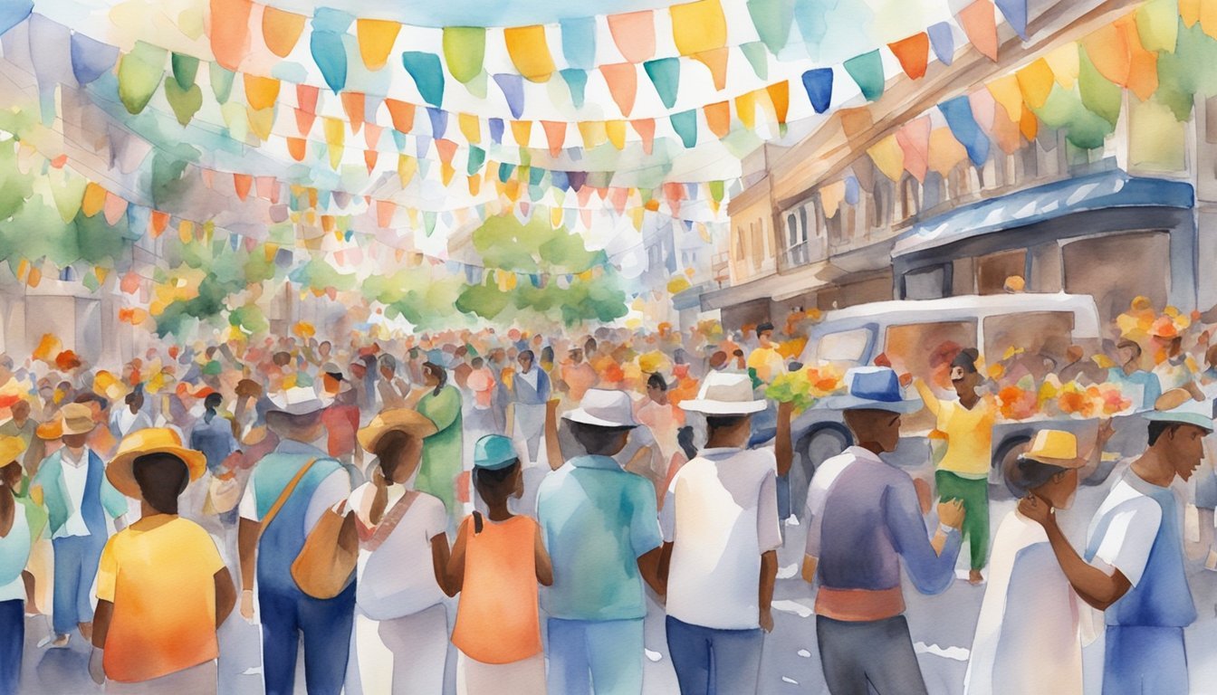 Colorful street festival with crowds and hanging banners.