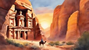 Watercolor of Petra with horse rider at sunset.