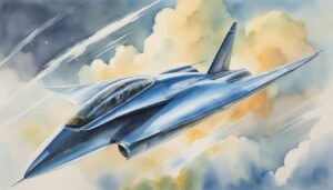 Watercolor painting of a fighter jet soaring through clouds.