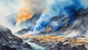 Watercolor mountain landscape with mist and colorful sunset.