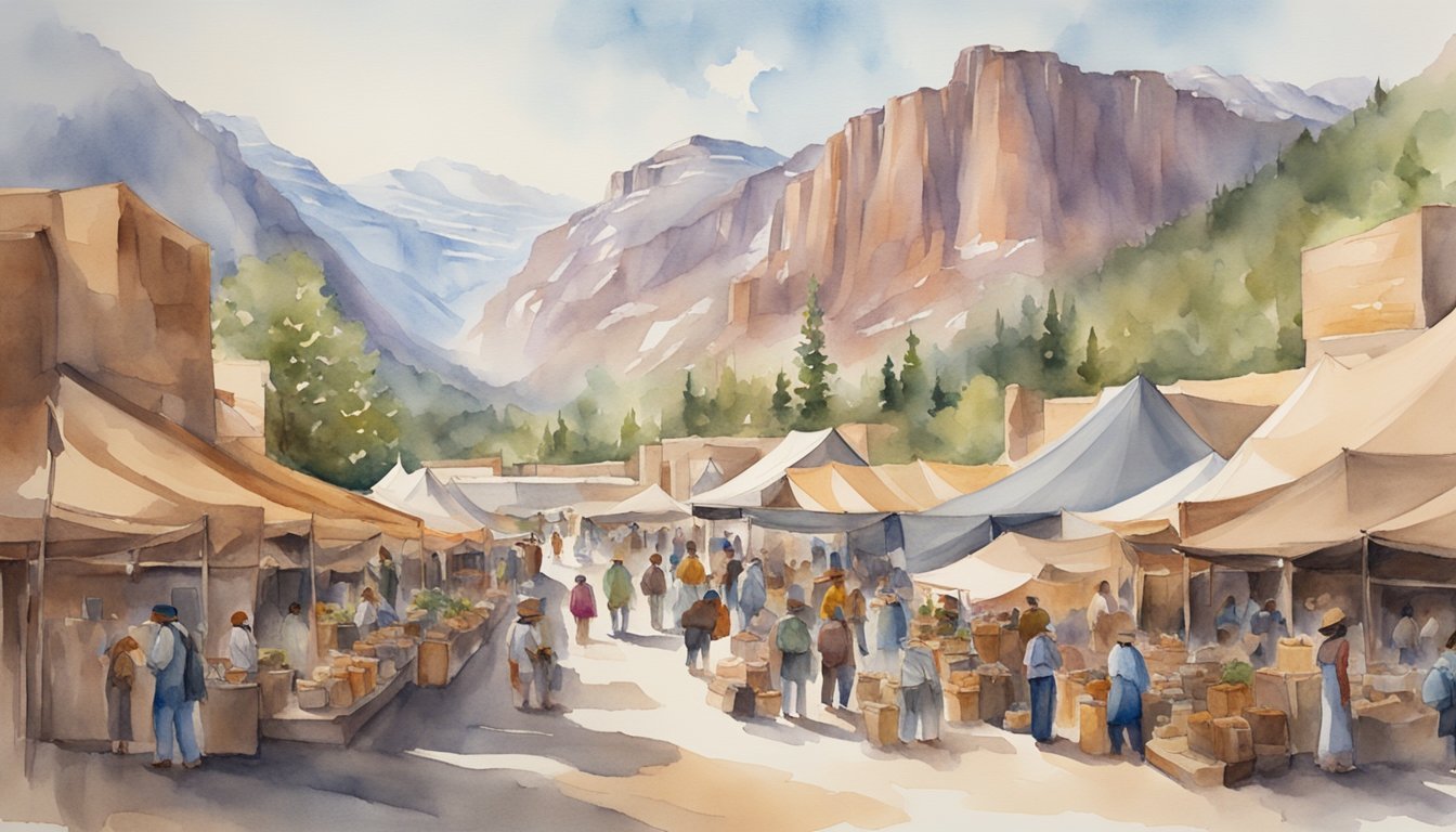 Watercolor of bustling mountain marketplace scene.