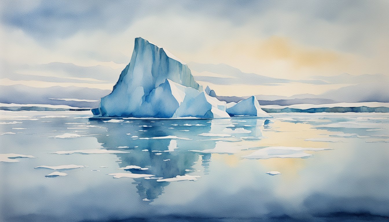 Watercolor painting of serene glacial landscape with reflections.