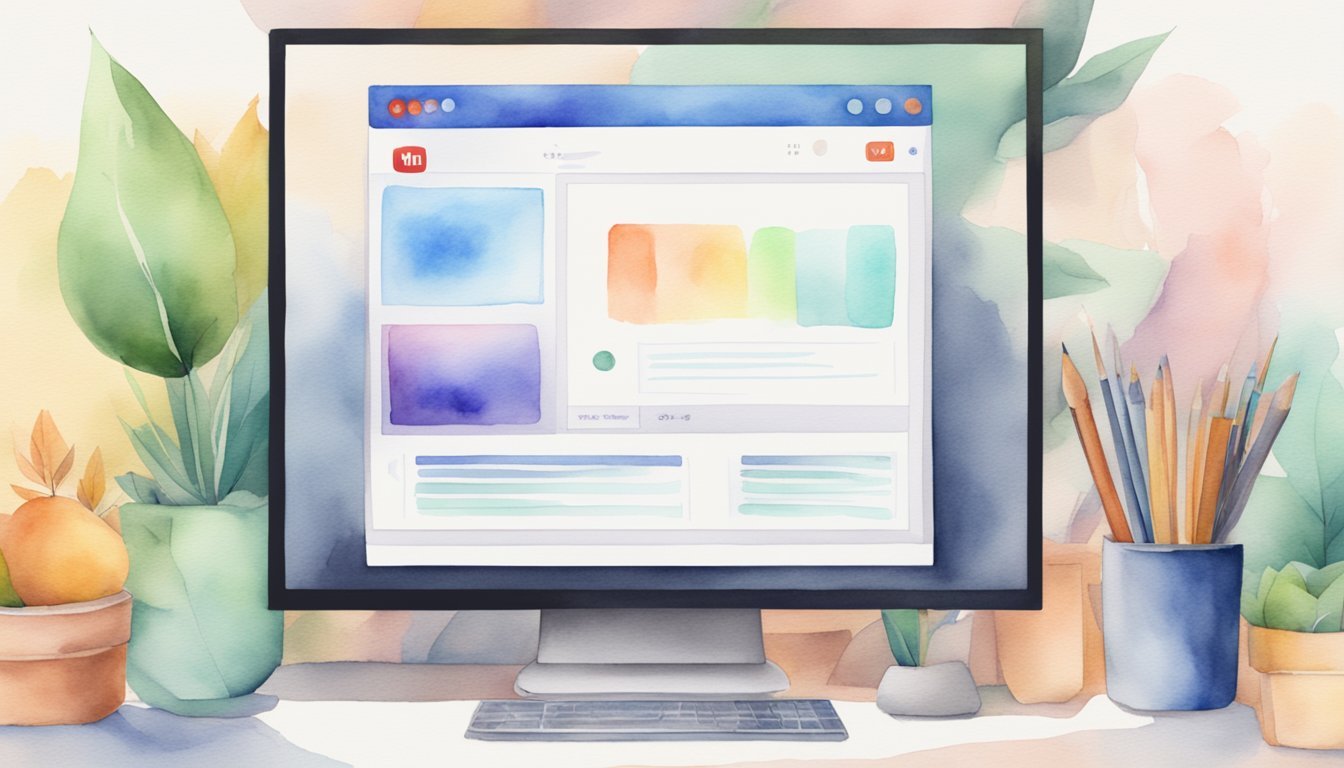 Watercolor illustration of computer desk with artistic supplies.