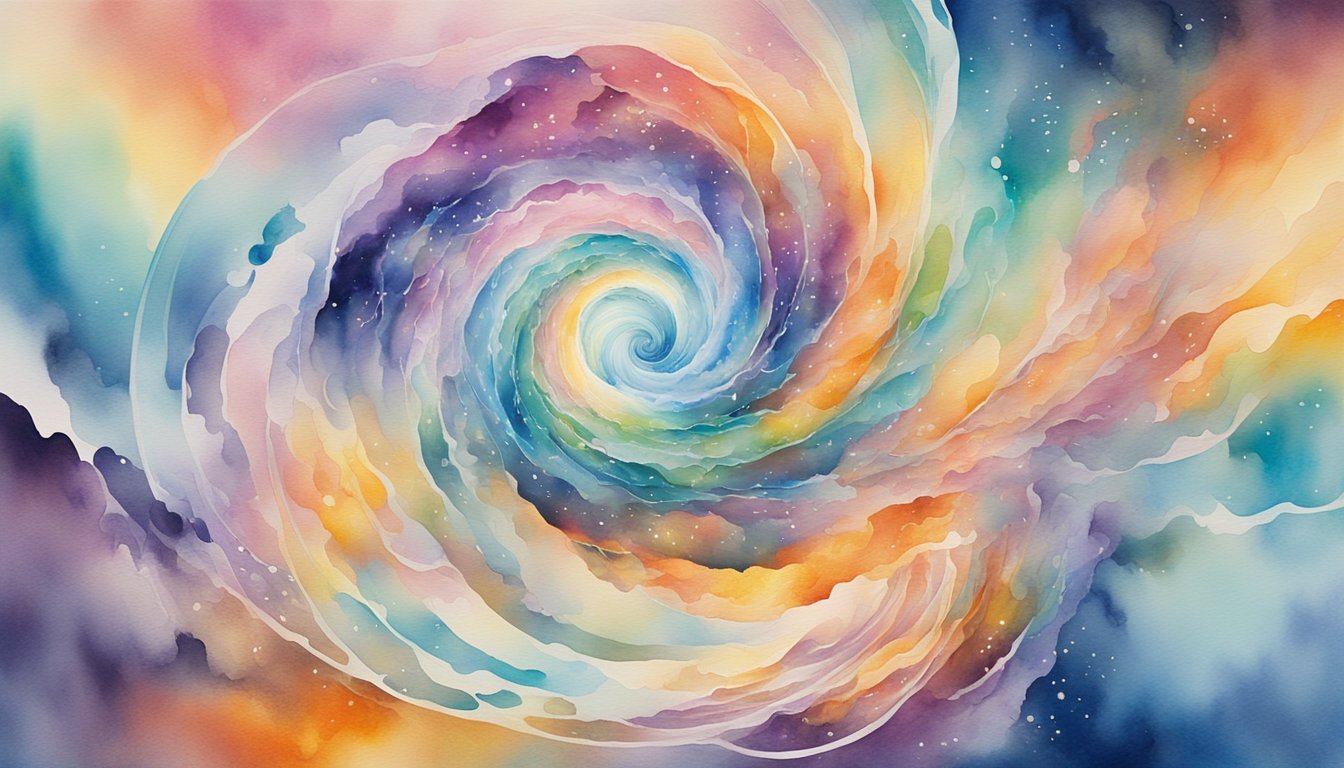 Colorful abstract watercolor spiral galaxy painting.