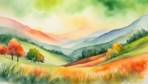 Watercolor painting of vibrant, layered hills and colorful trees.