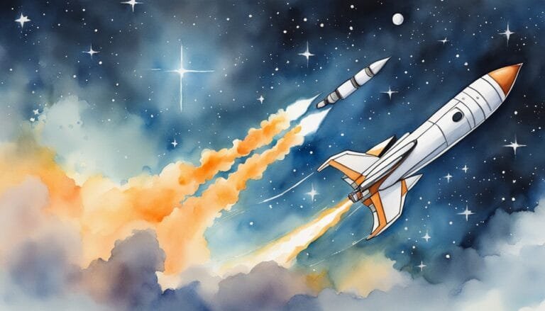 Rocket soaring through starry space in watercolor art