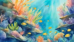 Colorful underwater coral reef scene with tropical fish.