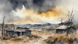 Watercolor painting of desolate landscape with abandoned cabins.