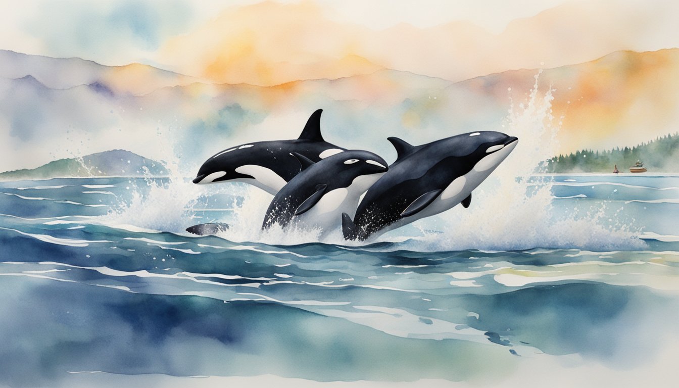 Orcas leaping in ocean with colorful sunset background.