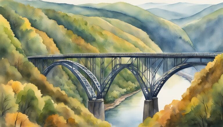 Watercolor painting of a bridge over autumn forest valley.