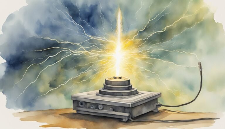 Watercolor of futuristic device emitting bright light and electricity.