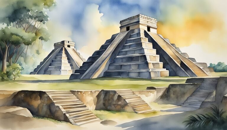 Watercolor illustration of ancient Mayan pyramids among trees.