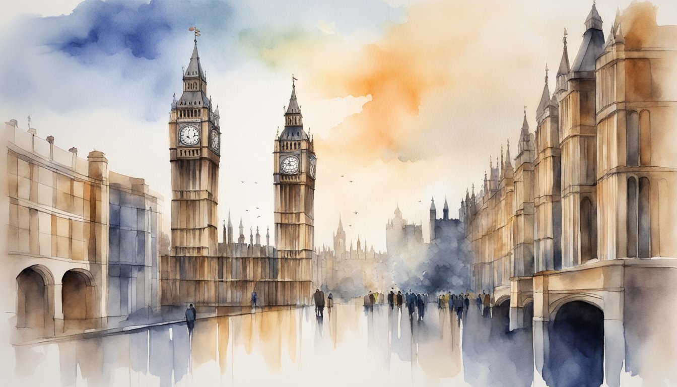 Watercolor illustration of Big Ben and Westminster.