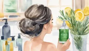 Woman holding herbal shampoo in a sunlit bathroom.