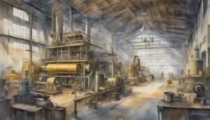 Illustration of an expansive, sunlight-filled industrial factory interior.