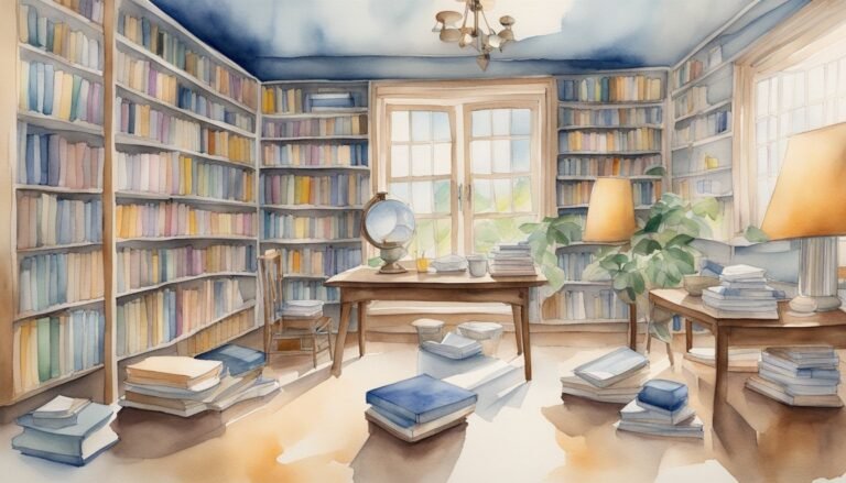 Sunny watercolor library with books, desk, and globe.