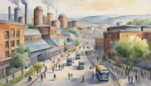 Watercolor painting of an industrial town with bustling streets.