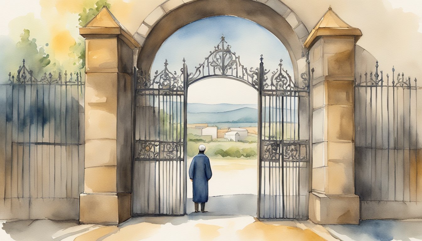 Person standing before ornate gate, scenic landscape beyond.