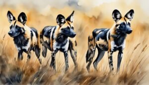 Painted watercolor illustration of three African wild dogs