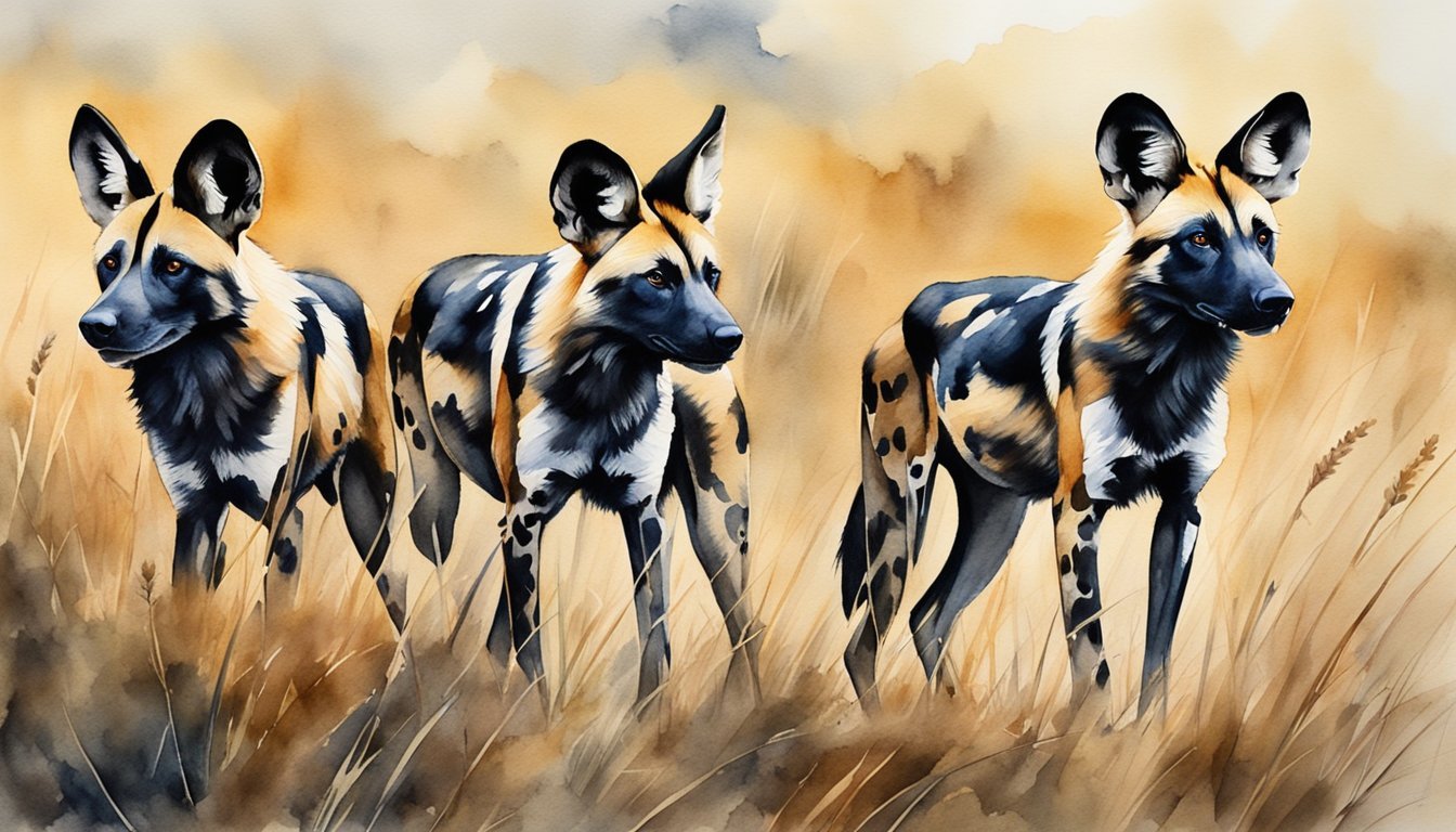 Painted watercolor illustration of three African wild dogs