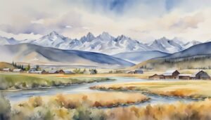 Watercolor of serene river landscape with mountains and cabins.