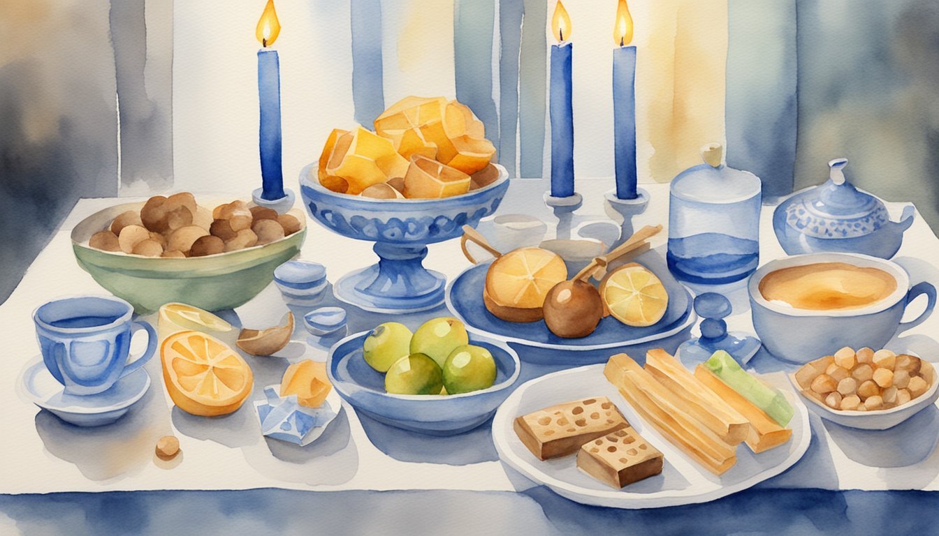 Watercolor of a festive dinner table with candles and fruit.