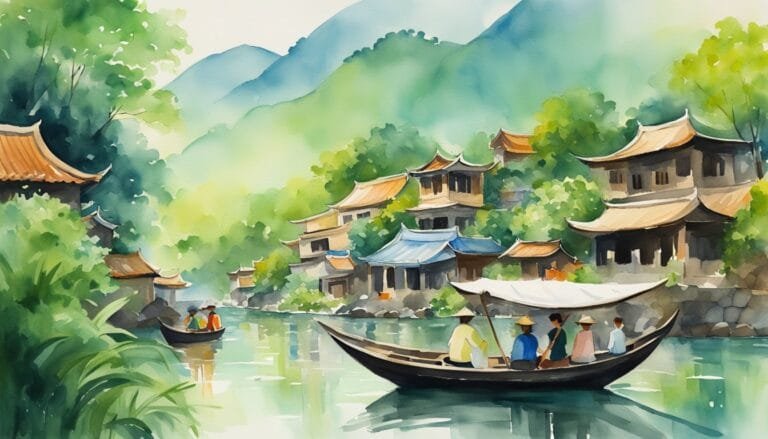 Watercolor painting of a traditional Asian riverside village.