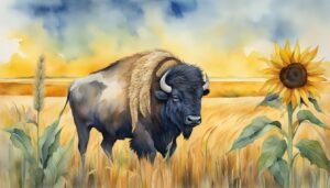 Watercolor bison and sunflower in prairie landscape.