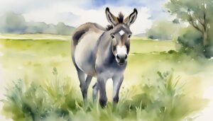 Watercolor painting of a donkey in a meadow.