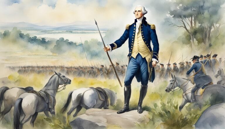 George Washington leading troops in Revolutionary War painting.