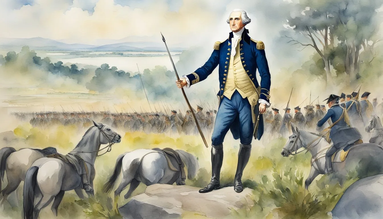 George Washington leading troops in Revolutionary War painting.