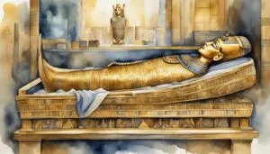 Illustration of ancient Egyptian sarcophagus with artifacts.