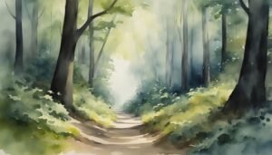 Sunlit forest path in watercolor painting.