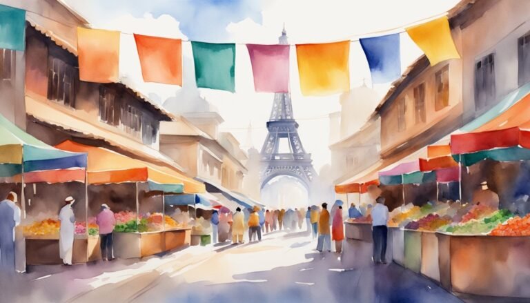 Colorful market street with Eiffel Tower in backdrop