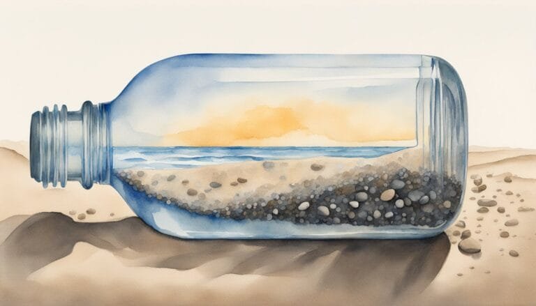 Watercolor illustration of seascape inside a bottle.