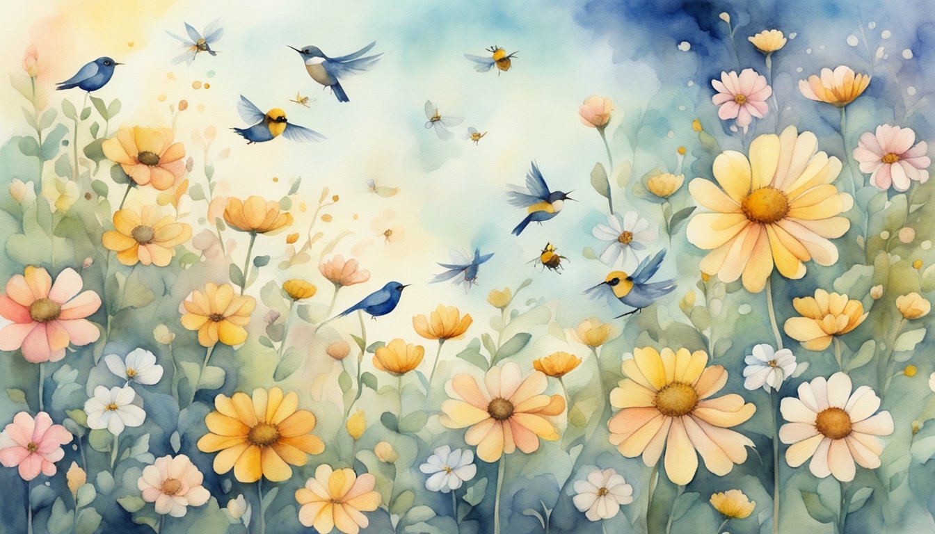 Watercolor painting of birds and flowers in serene landscape.