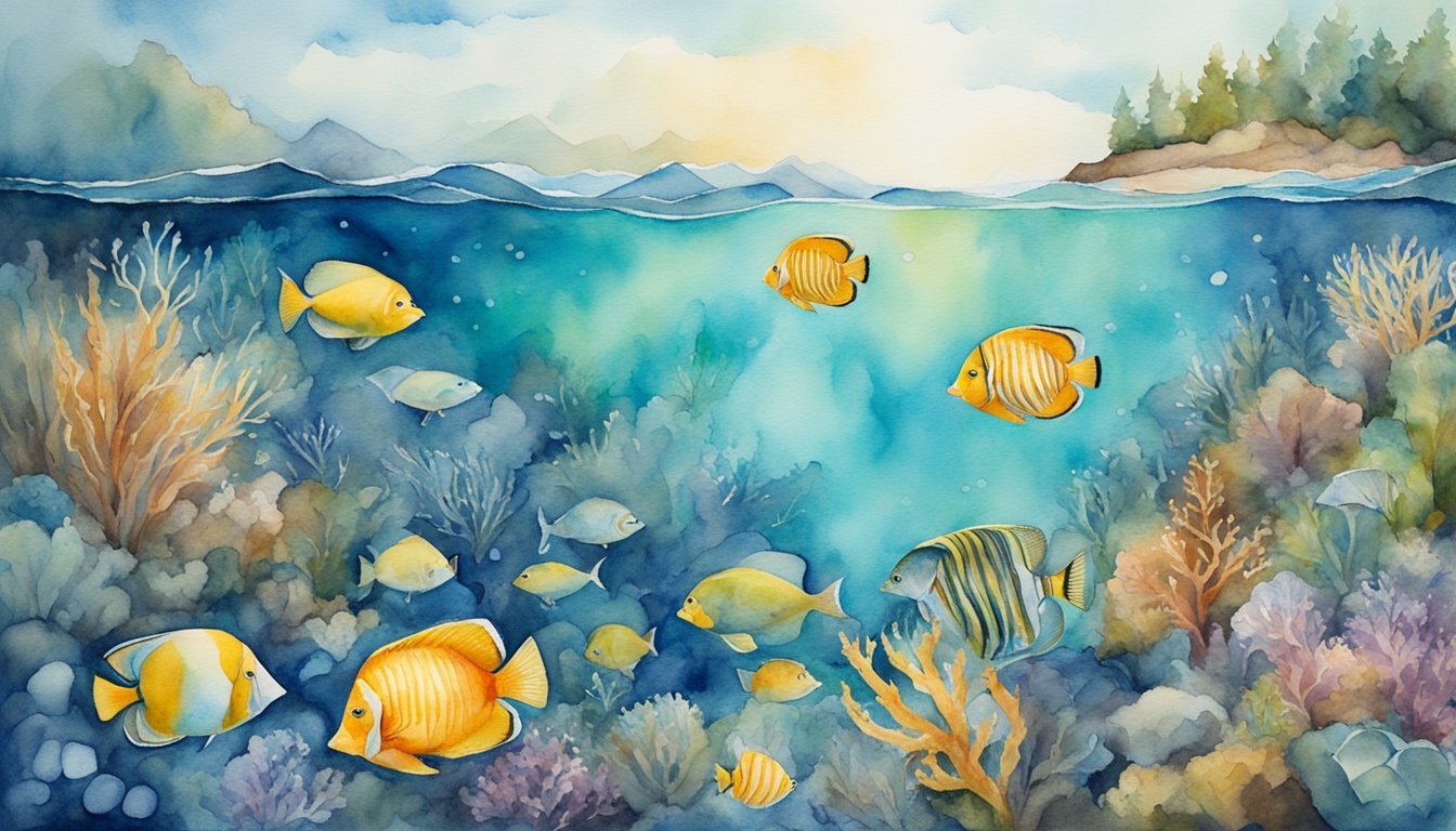 Watercolor painting of vibrant fish in underwater seascape.