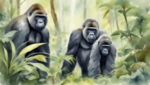 Watercolor of three gorillas in a lush forest.