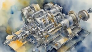 Watercolor painting of intricate mechanical engine components.