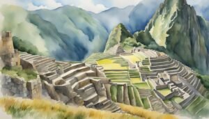 Majestic watercolor painting of Machu Picchu ruins.