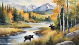 Watercolor painting of moose in mountainous autumn landscape